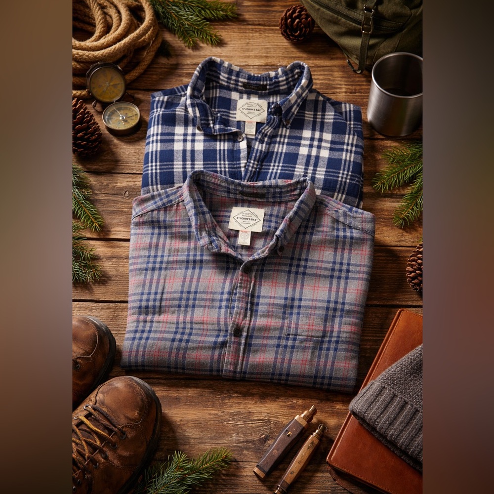 Lot Of 2 St Johns Bay Mens XXL Flannel Shirts Blue Plaid Long Sleeve Button Down